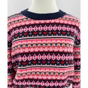 J Crew Fair Ise Sweater Navy Pink Heart Stripe Wool Knit Pullover M